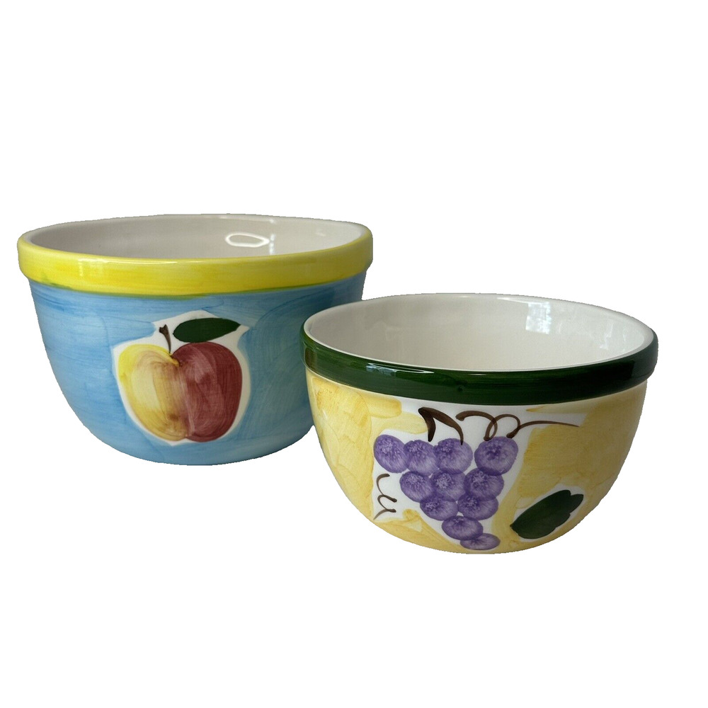 Lillian Vernon Fruit Nesting Bowls, Set of 2 Ceramic Apple 4.5"H x 7"W & Grapes